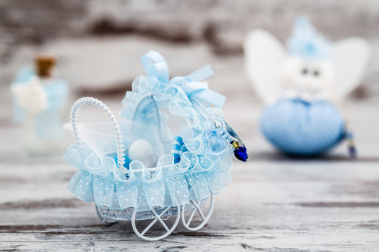Blue Toy Baby Carriage Prepared as a Gift for Baby Shower