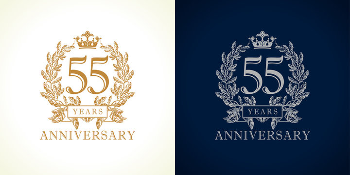 55 anniversary luxury logo. Template logo 55th royal anniversary with a frame in the form of laurel branches and the number fifty five.