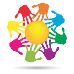 Vector concept circle of hands, yellow sun symbol