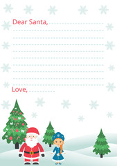 letter to santa with santa claus and fir tree and snow maiden