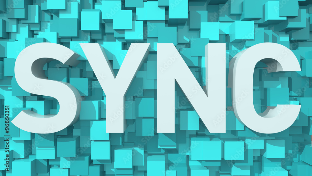 Poster extruded sync text with blue abstract backround filled with cube