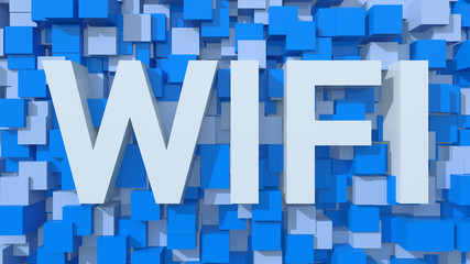 Extruded Wi-fi text with blue abstract backround filled with cub