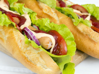 hot dogs on a wooden table