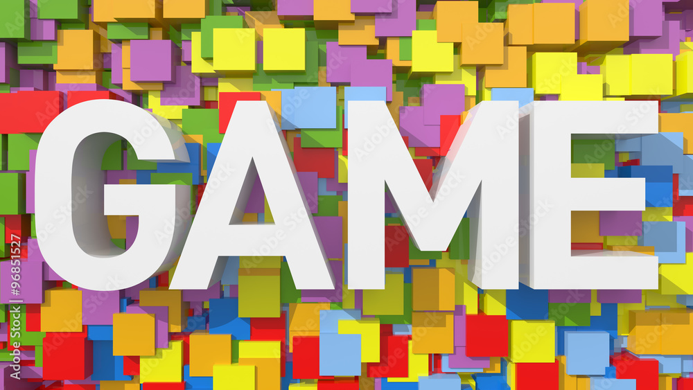 Poster extruded game text with blue abstract backround filled with cube