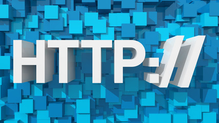 Extruded HTTP text with blue abstract backround filled with cube