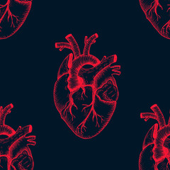 Anatomical heart - vector vintage style detailed illustration, seamless pattern