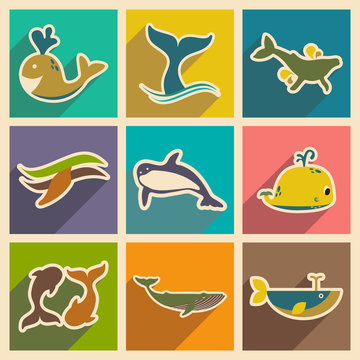 Set flat icons with long shadow whales