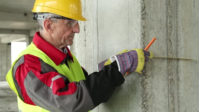 Builder in working clothes and yellow hard on construction site. Worker in yellow hard hat with yellow angle and pencil near concrete pillar

