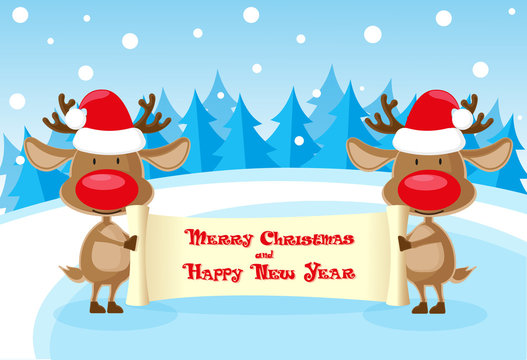 Vector banner two funny deer in santa claus hat at the ice rink with merry christmas scroll on blue background