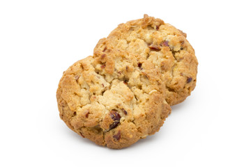 Oatmeal cookies with cranberries on a white background.