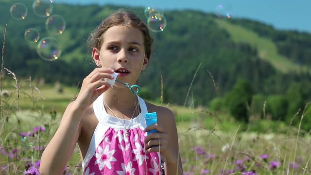 Attractive girl blowing soap bubbles on the meadow
