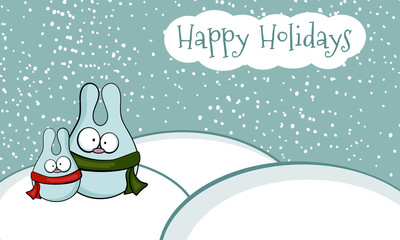 Winter landscape with funny rabbits .