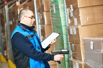 Worker man scanning package in warehouse