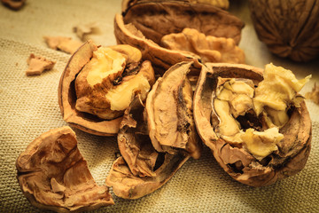 Walnut kernels on rustic table