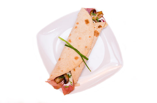 Flatbread with bacon and mushrooms on white background top view