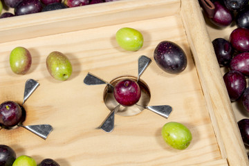 Detail of traditional wooden slitter with steel blades for preparing seasoned slit olives