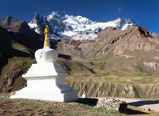 view of Nun Kun Range with buddhist prayer flags