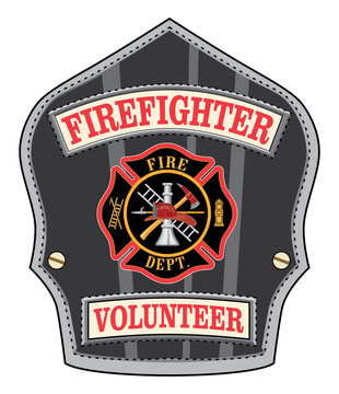 Firefighter Volunteer Badge is an illustration of a firefighter’s or fireman’s shield or badge with a Maltese cross and firefighter tools logo.