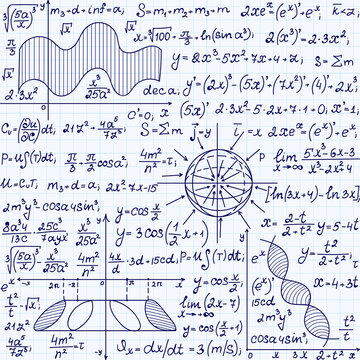 Math vector seamless pattern with science drawings, tasks solutions, plots, figures, formulas, "handwritten on a copybook paper"