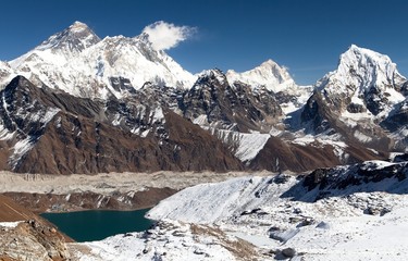 Panoramic view of Everest, Lhotse, Makalu and Gokyo Lake