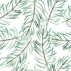 Seamless pattern with fir branches. Watercolor hand drawn