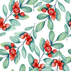 Seamless pattern with blossoming branches and red berries. Watercolor hand drawn