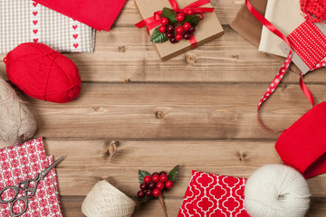 Christmas Background. Knitting And Sewing Kit. Natural Wool Yarn