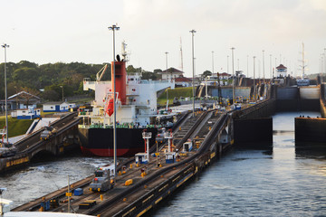 Two sets of locks, side by side, at the  Panama Canal