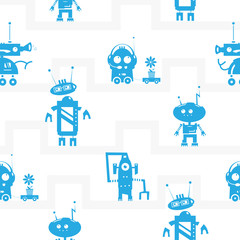 Vector seamless pattern with cartoon robots  on  white  background.