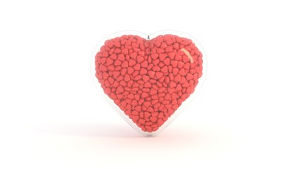 On a white background shows a lot of red glossy hearts that form one big heart in a glass bubble.