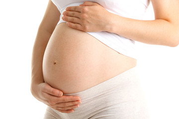 Pregnant woman isolated on white background, close up