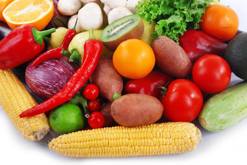 Fruit and vegetable collection on white background