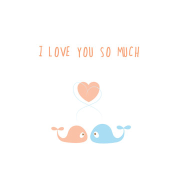 Vector card by Valentine's Day with couple of whales in love.