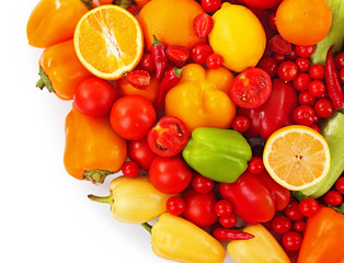 Close-up composition of various raw organic vegetables isolated on white