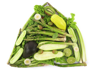 Close-up composition of various raw organic vegetables and fruit isolated on white