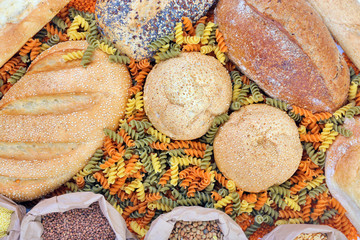 Different types of bread, pasta and cereal, close-up