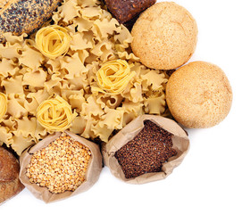 Different types of bread, pasta and cereal, isolated on white