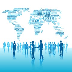 business people silhouettes and global text map - obrazy, fototapety, plakaty