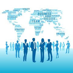 business people silhouettes and global text map - obrazy, fototapety, plakaty