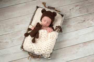 Newborn Baby Boy with Bear Hat and Plush Bear Toy