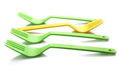 Disposable colourful forks isolated on white, Individuality concept