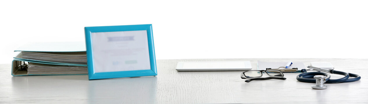 Doctor Table With Tools On White Background