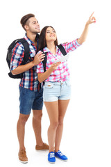 Fototapeta premium A pair of happy tourists sightseeing in summer, isolated on white