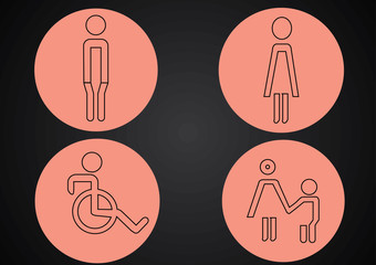 Toilet Icons/Black stroked toilet signs with light orange circle background.Man Sign, Women Sign, Baby Changing Sign, Handicap Sign.