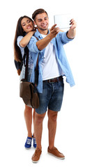 Fototapeta premium A pair of happy tourists sightseeing in summer, isolated on white