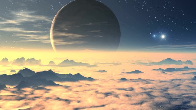Rising alien moon and UFO. The huge planet (moon) rises in the starry night sky. From the misty horizon bright glowing object flies. The mountain peaks rise from the thick fog glowing. 
