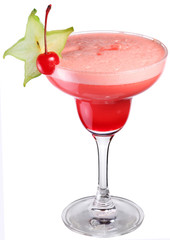Cosmopolitan cocktail decorated with starfruit and cherry.