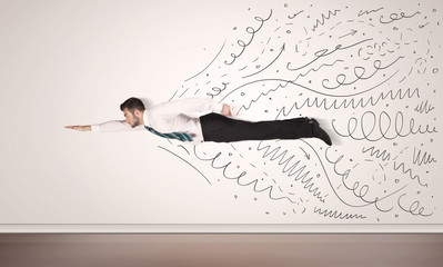 Business man flying with hand drawn lines comming out