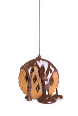 close up of a chocolate syrup on a cake on white background