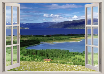 Fototapety  Otwórz okno widok na krajobraz z rzeką, wzgórzami i polami